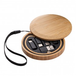 Câble de charge 6 en 1 avec boitier bambou personnalisé "DISCUS BAMBOU" 