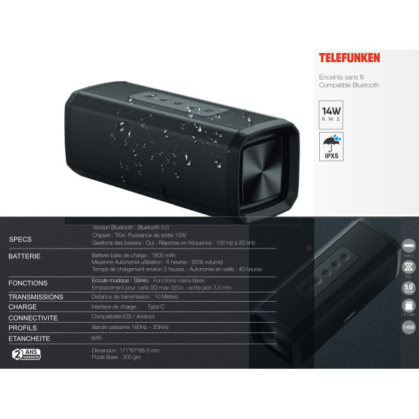 Enceinte TELEFUNKEN 14W avec 2 haut-parleurs, port carte SD et prise jack