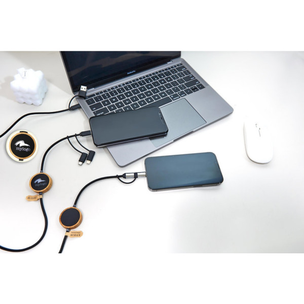 Câble de charge rapide personnalisable écoresponsable bambour rpet rABS,  carplay NFC logo lumineux