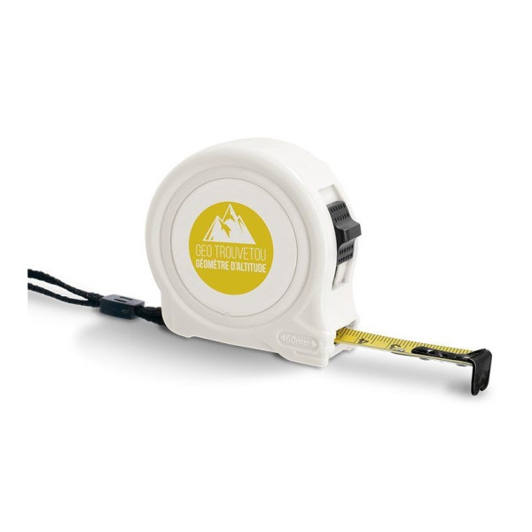 Mètre ruban personnalisable 3m, clip ceinture, dragonne et bouton de blocage "METY"