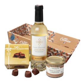 Panier garni gourmand "TRIO GOURMET" avec rillettes de canard, truffes et vin blanc moelleux