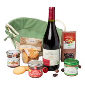 Panier gourmand "CORBEILLE BIO" avec tartinables, douceurs et vin