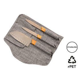 Set de 3 couteaux personnalisables en inox finition titane et bois d'olivier dans pochette RPET