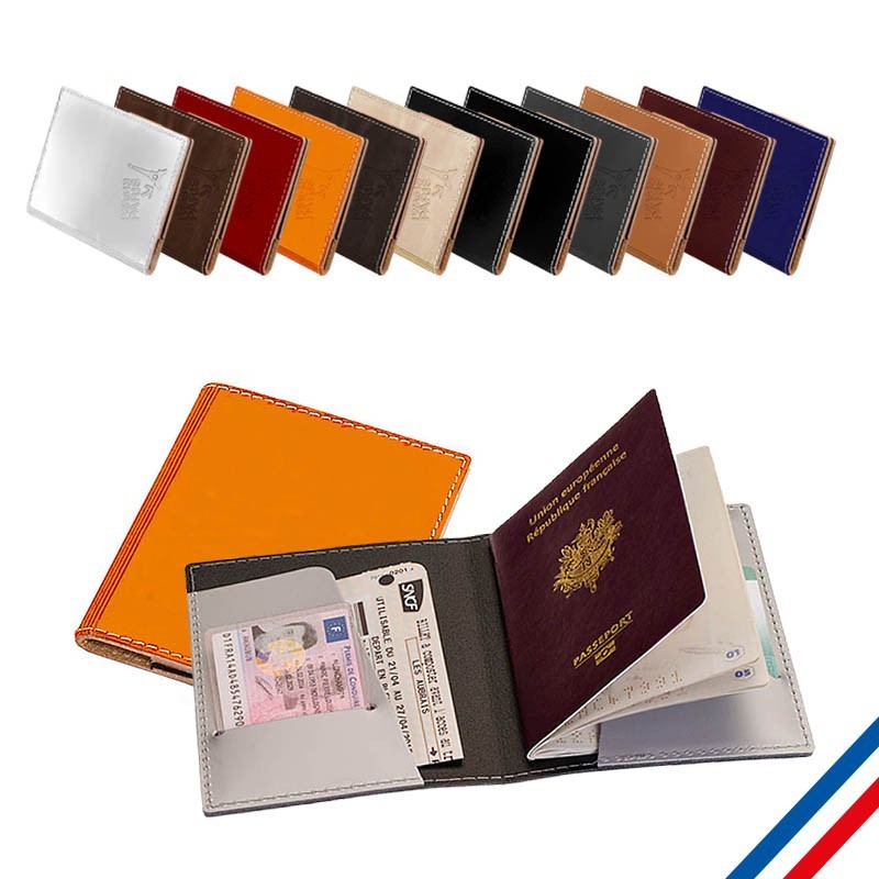 Etui à passeport en cuir recyclé personnalisé avec logo publicitaire.