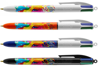 Exemples de marquages en impression numérique quadrichromie 360 sur BIC 4 couleurs avec Cadeauweb