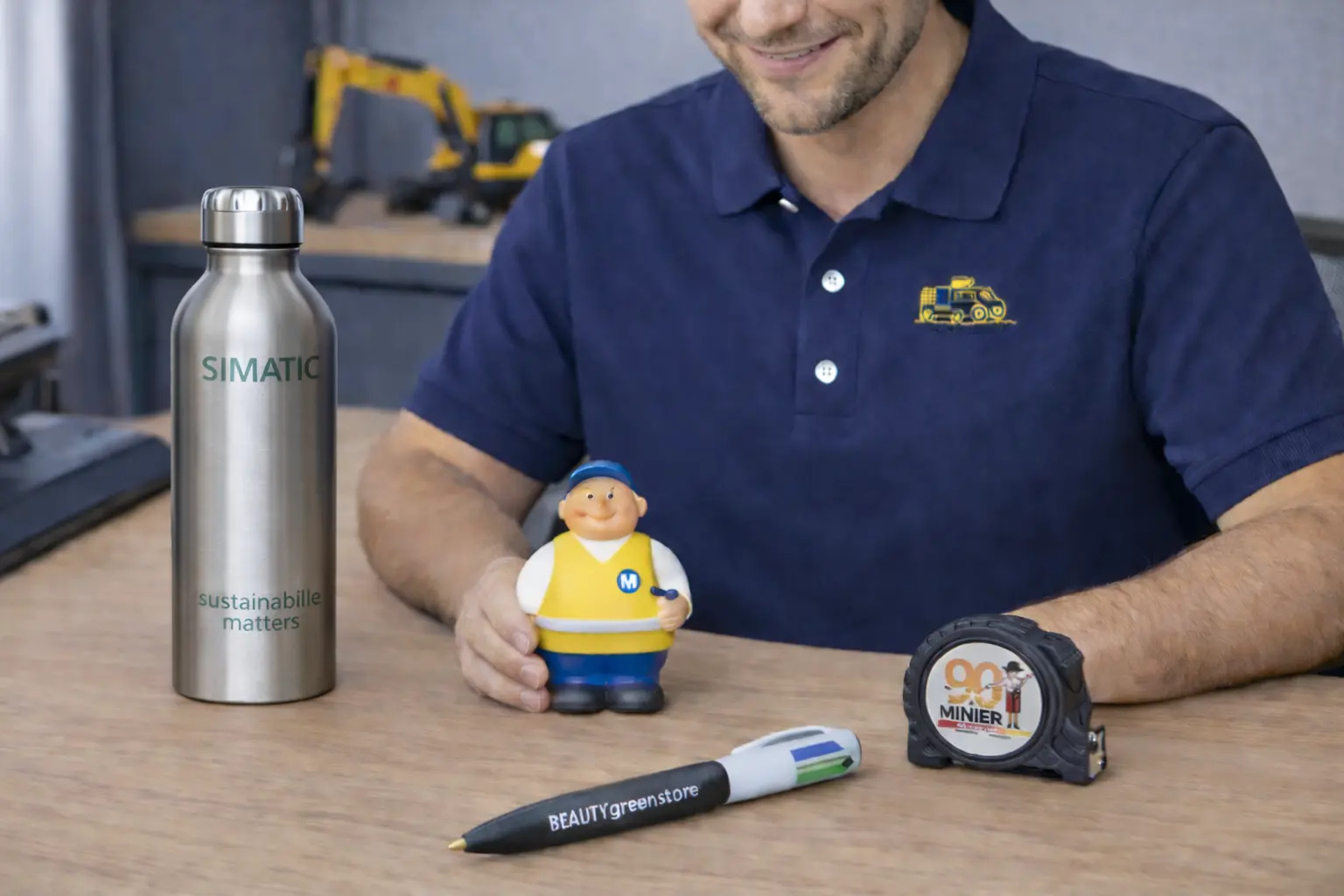 Sélection d'objets publicitaires premium Cadeauweb : mètre ruban professionnel, stylo BIC 4 couleurs, carnet personnalisé et mug isotherme